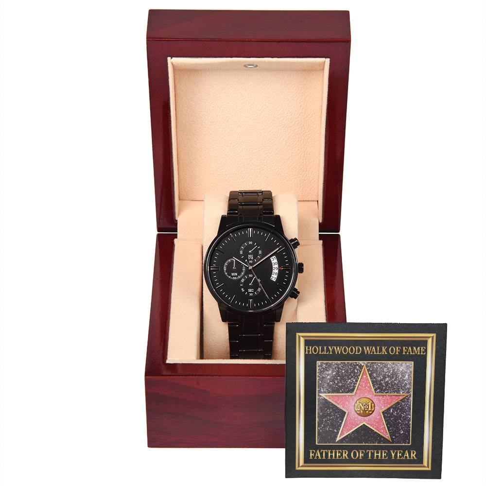 Father-Walk Of Fame-Black Chronograph Watch with Mahogany Box