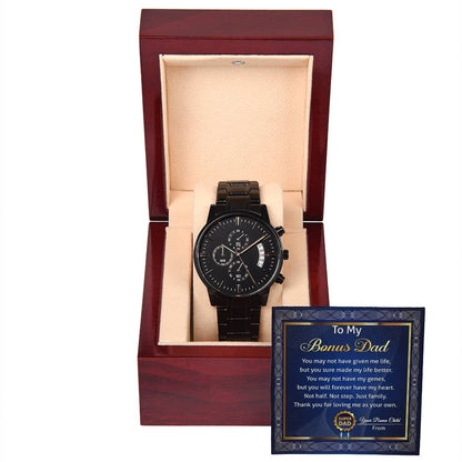 Bonus Dad-My Life Better-Metal Chronograph Watch Black Chronograph Watch with Mahogany Box