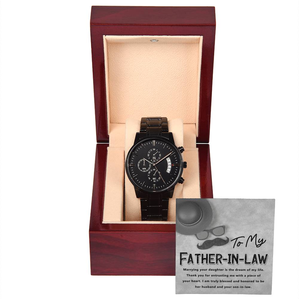 Father-in-Law-Honored To Be-Black Chronograph Watch with Mahogany Box