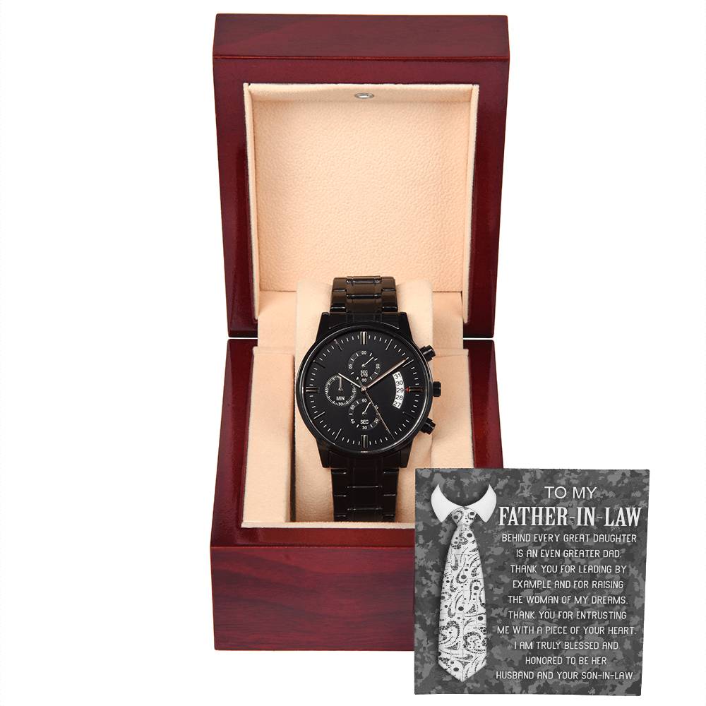 Father-In-Law-Truly Blessed- Black Chronograph Watch with Mahogany Box