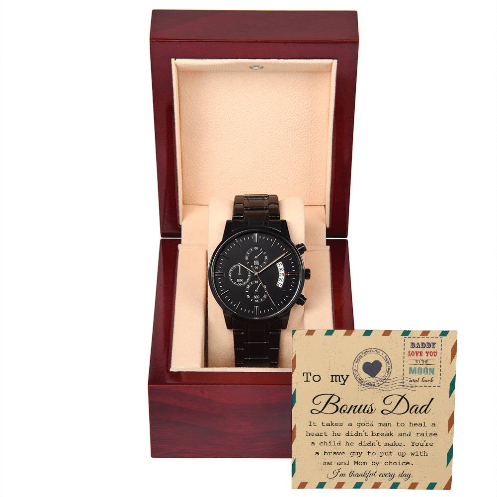 Bonus Dad-Heal A Heart-Metal Chronograph Watch Black Chronograph Watch with Mahogany Box
