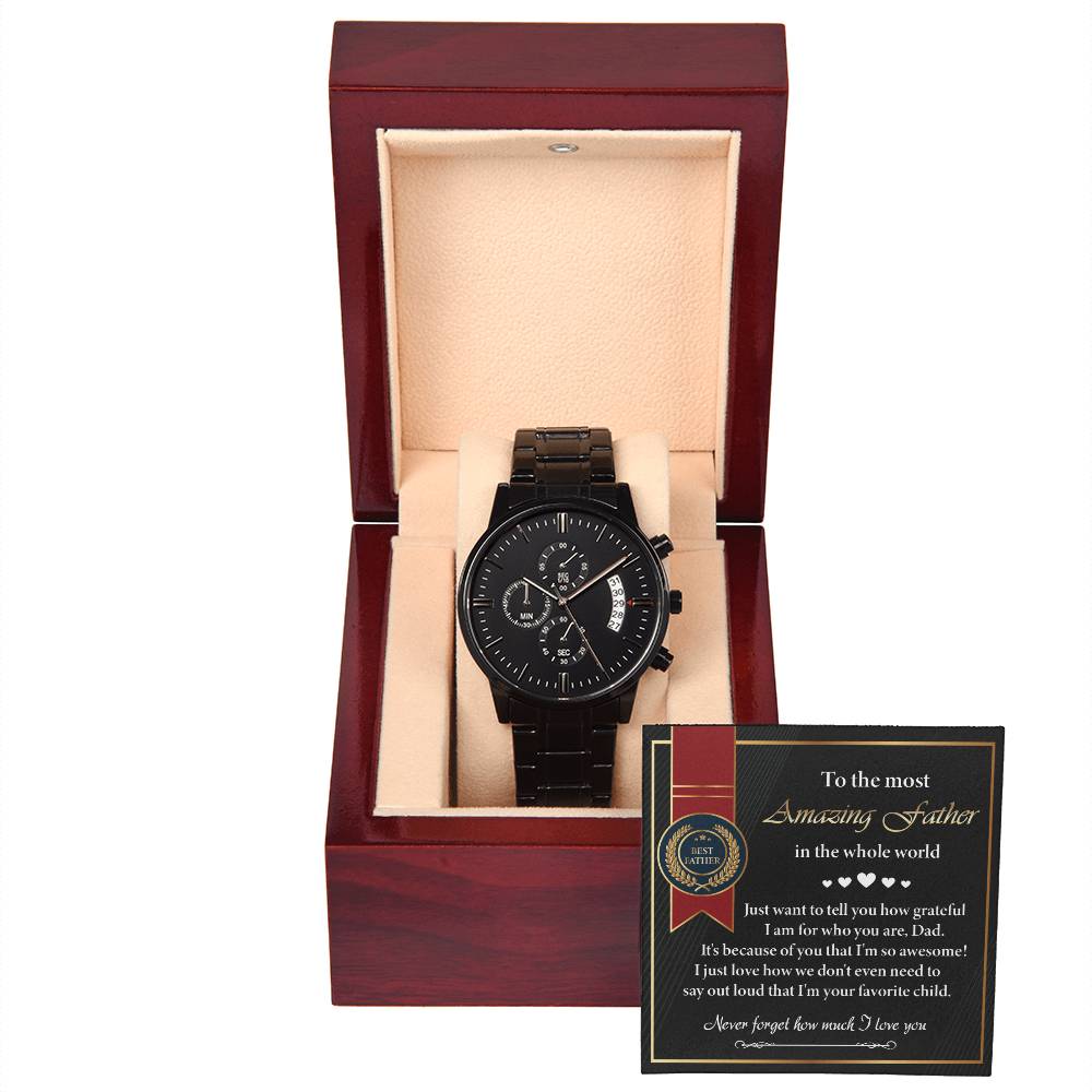 Dad-I Love You-Metal Chronograph Watch Black Chronograph Watch with Mahogany Box