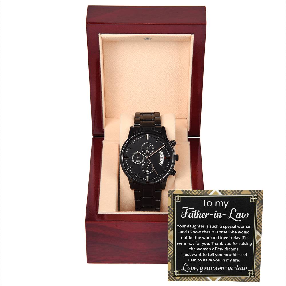 Father-In-Law-For You- Black Chronograph Watch with Mahogany Box