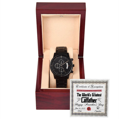 Catfather-Certificate Of Recognition-Metal Chronograph Watch Black Chronograph Watch with Mahogany Box
