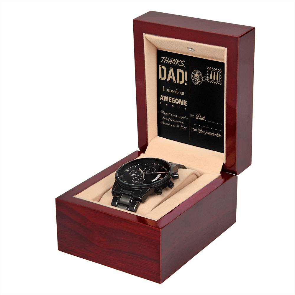 Dad-Kind Of Awesome-Bracelet Black Chronograph Watch with Mahogany Box