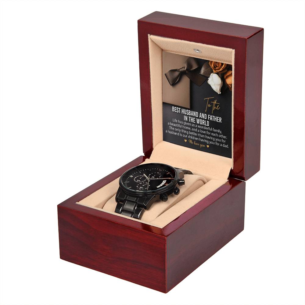 Husband-For Each Other-Black Chronograph Watch with Mahogany Box