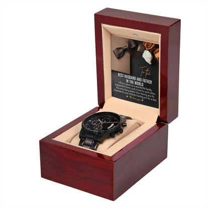 Husband-For Each Other-Black Chronograph Watch with Mahogany Box