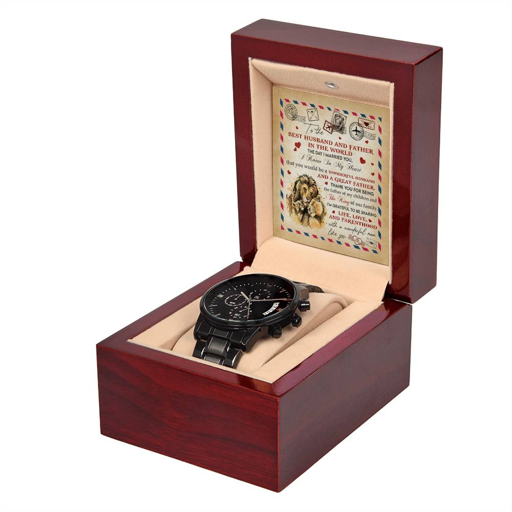 Husband-Great Father-Black Chronograph Watch with Mahogany Box