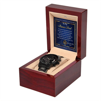 Bonus Dad-My Life Better-Metal Chronograph Watch Black Chronograph Watch with Mahogany Box
