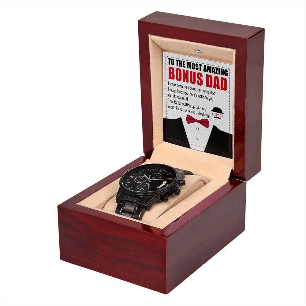 Bonus Dad-Like A Challenge-Metal Chronograph Watch Black Chronograph Watch with Mahogany Box