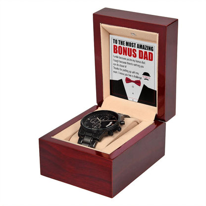 Bonus Dad-Like A Challenge-Metal Chronograph Watch Black Chronograph Watch with Mahogany Box