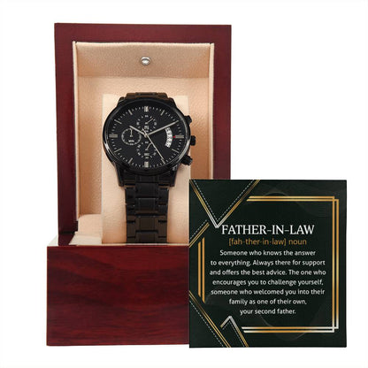 Father-in-Law-Challenge Yourself-Black Chronograph Watch with Mahogany Box
