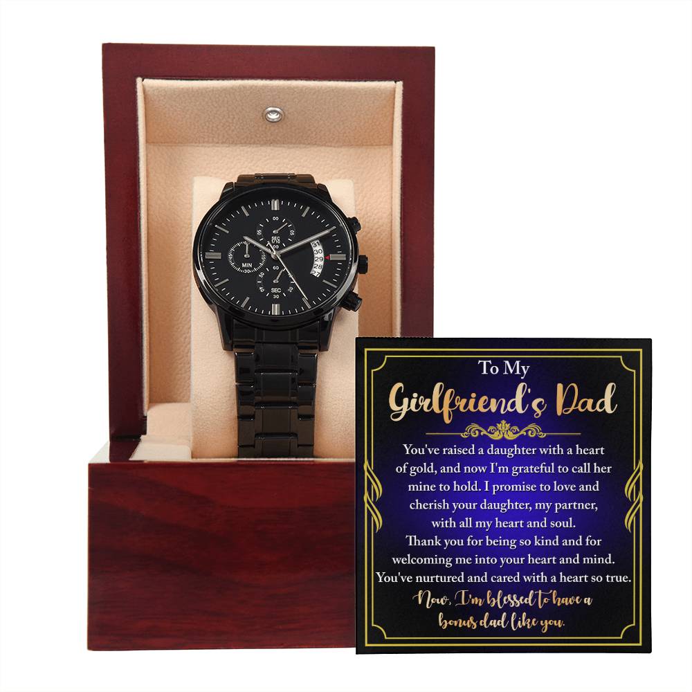 Girlfriend_s Dad-Heart Of Gold- Black Chronograph Watch with Mahogany Box