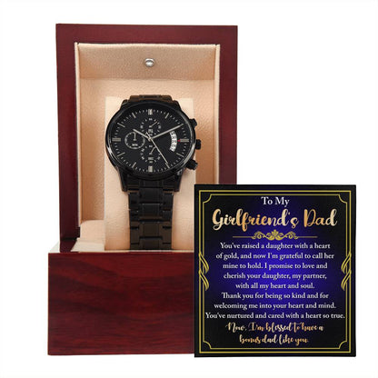Girlfriend_s Dad-Heart Of Gold- Black Chronograph Watch with Mahogany Box