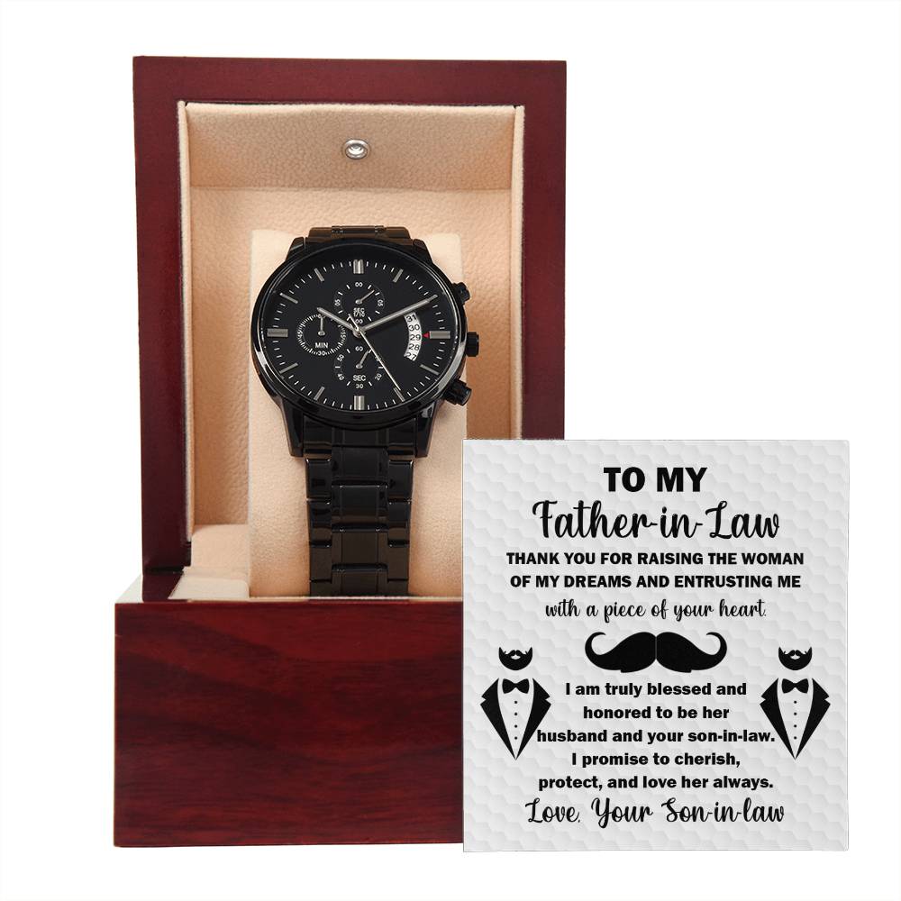 Father-in-Law-Thank You For- Black Chronograph Watch with Mahogany Box