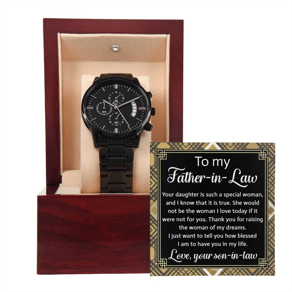 Father-In-Law-For You- Black Chronograph Watch with Mahogany Box