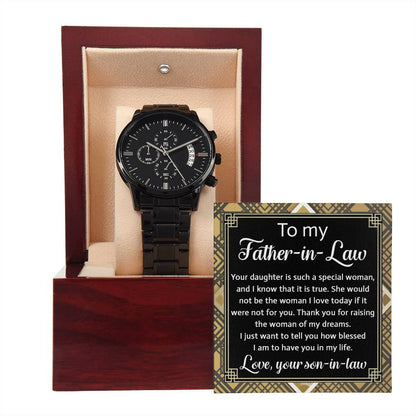 Father-In-Law-For You- Black Chronograph Watch with Mahogany Box