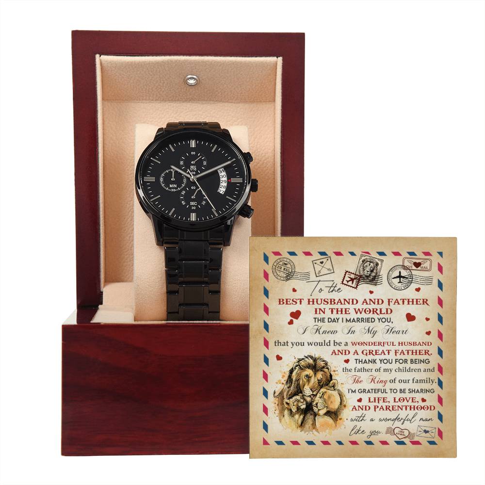 Husband-Great Father-Black Chronograph Watch with Mahogany Box