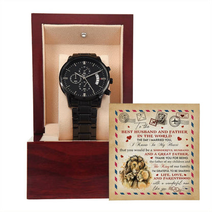 Husband-Great Father-Black Chronograph Watch with Mahogany Box