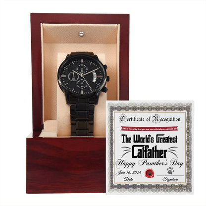 Catfather-Certificate Of Recognition-Metal Chronograph Watch Black Chronograph Watch with Mahogany Box