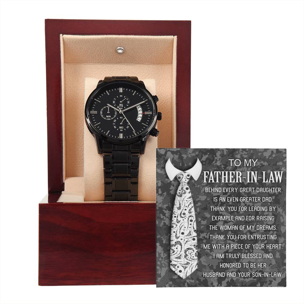 Father-In-Law-Truly Blessed- Black Chronograph Watch with Mahogany Box