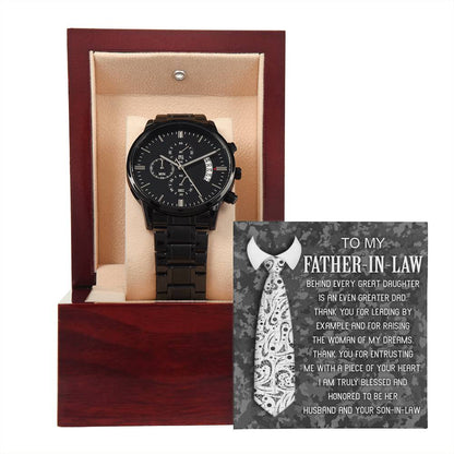 Father-In-Law-Truly Blessed- Black Chronograph Watch with Mahogany Box