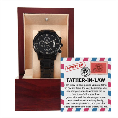 Father-in-law-As A Father-Black Chronograph Watch with Mahogany Box
