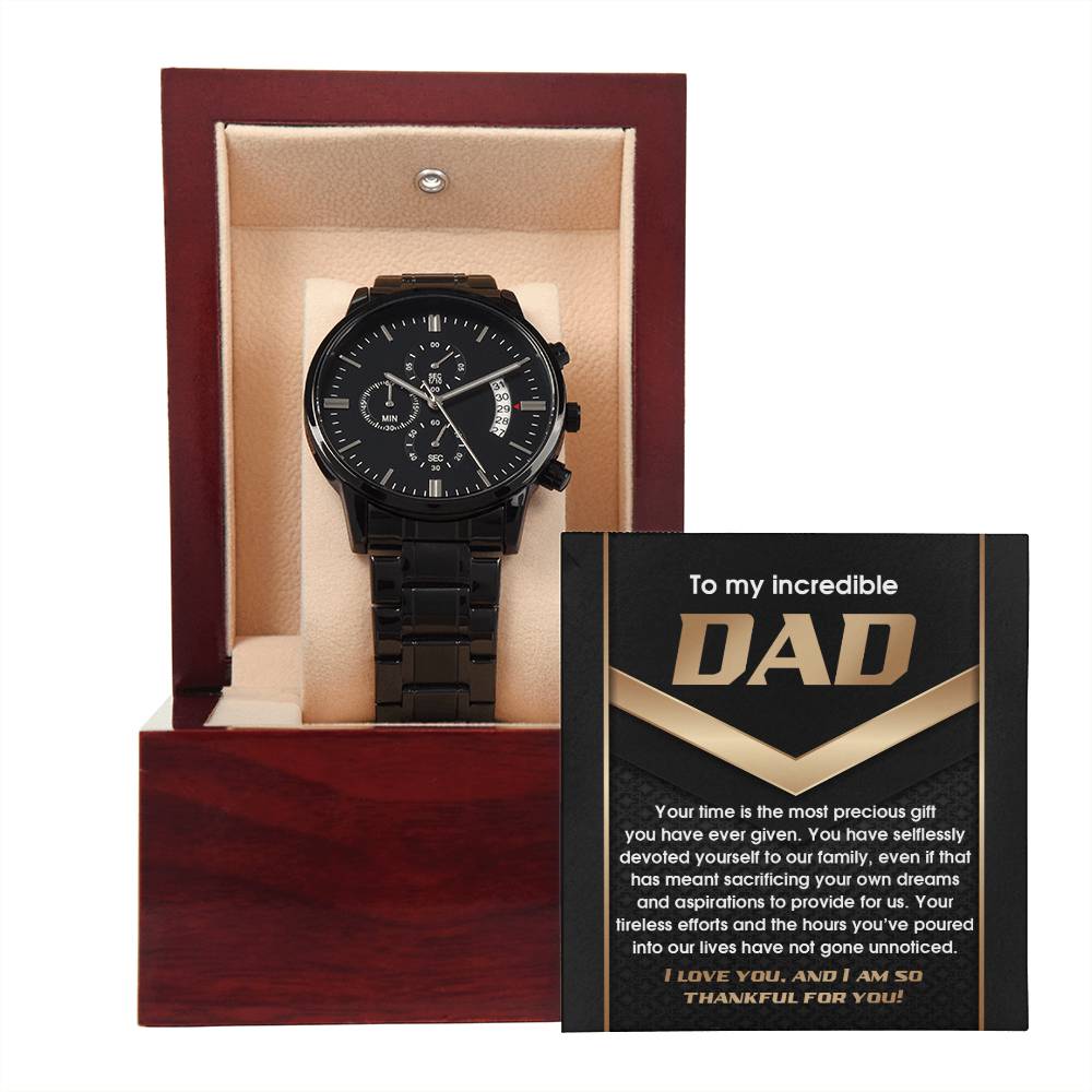 Dad-Most Precious Gift-050724d Black Chronograph Watch with Mahogany Box