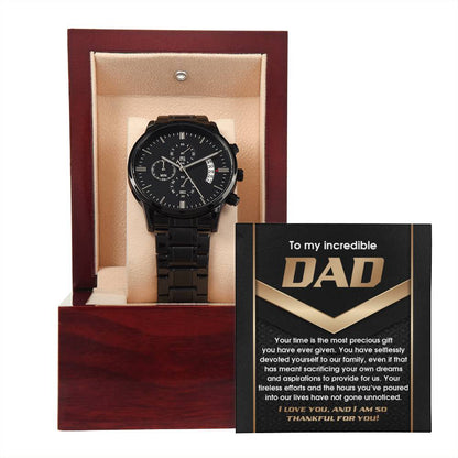 Dad-Most Precious Gift-050724d Black Chronograph Watch with Mahogany Box