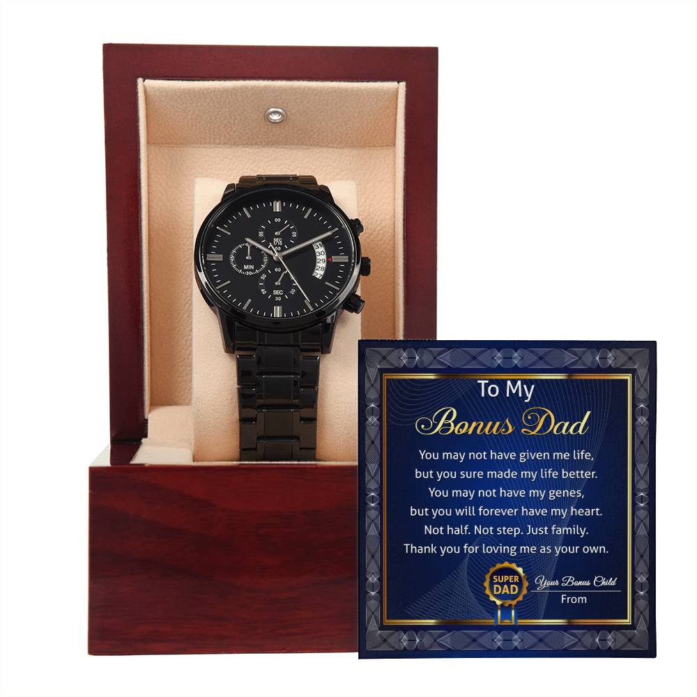 Bonus Dad-My Life Better-Metal Chronograph Watch Black Chronograph Watch with Mahogany Box