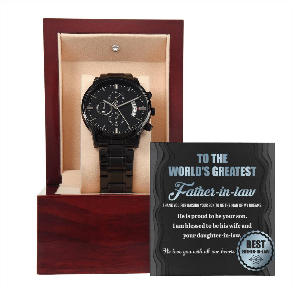 Father-in-Law-Proud To Be-Black Chronograph Watch with Mahogany Box