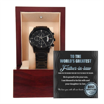 Father-in-Law-Proud To Be-Black Chronograph Watch with Mahogany Box