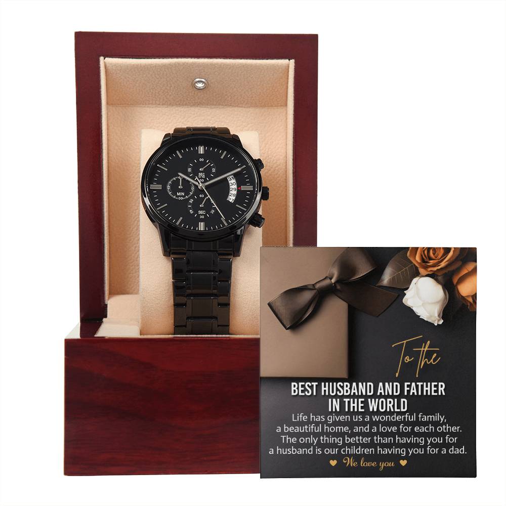Husband-For Each Other-Black Chronograph Watch with Mahogany Box