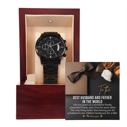 Husband-For Each Other-Black Chronograph Watch with Mahogany Box