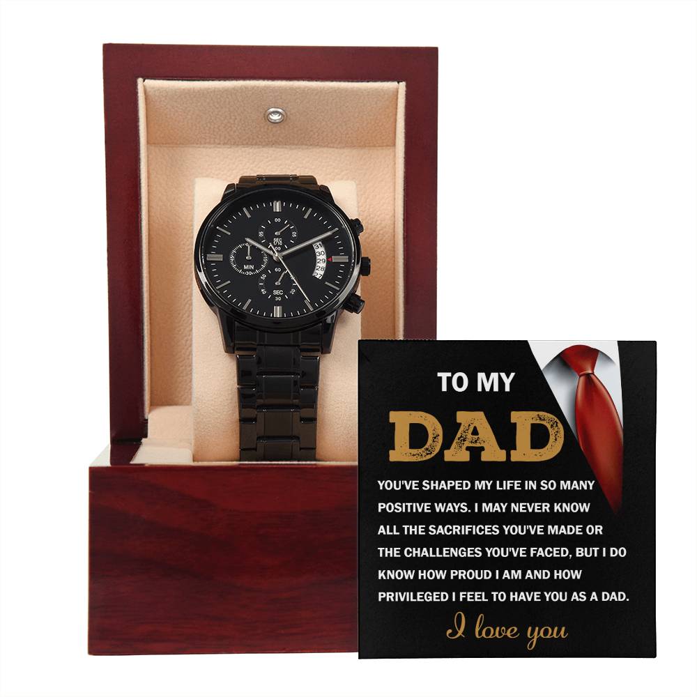 Dad-Shaped My Life-050724d Black Chronograph Watch with Mahogany Box