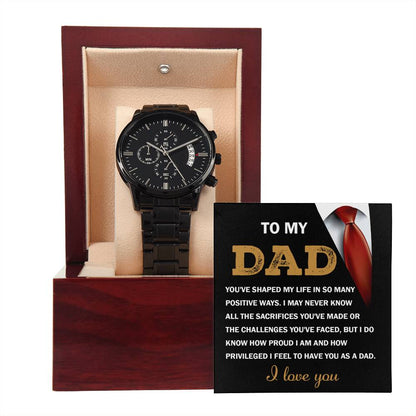 Dad-Shaped My Life-050724d Black Chronograph Watch with Mahogany Box