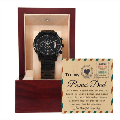 Bonus Dad-Heal A Heart-Metal Chronograph Watch Black Chronograph Watch with Mahogany Box
