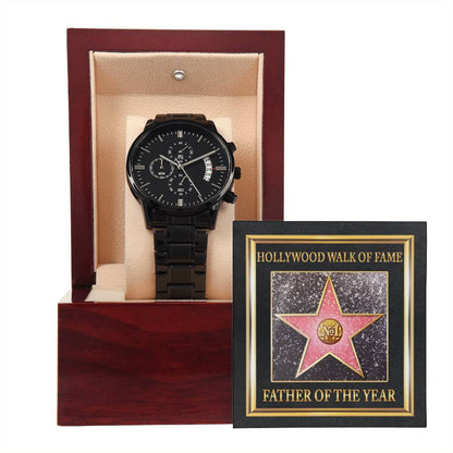 Father-Walk Of Fame-Black Chronograph Watch with Mahogany Box