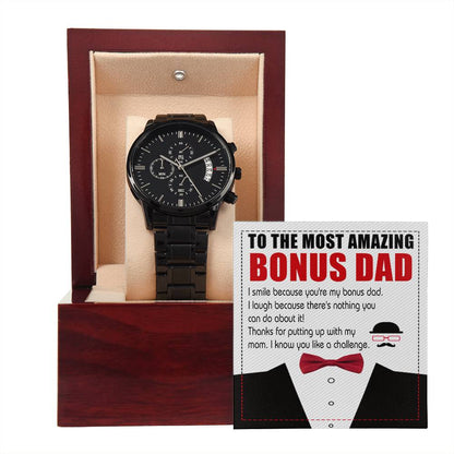 Bonus Dad-Like A Challenge-Metal Chronograph Watch Black Chronograph Watch with Mahogany Box