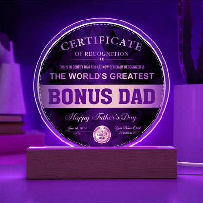 Bonus Dad - Certificate Of Recognition - Circle Acrylic