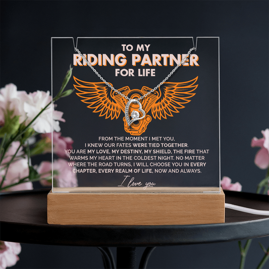 "Riding Partner for Life" Keepsake Acrylic Bundle – Forever Love Necklace with LED Light Base 110